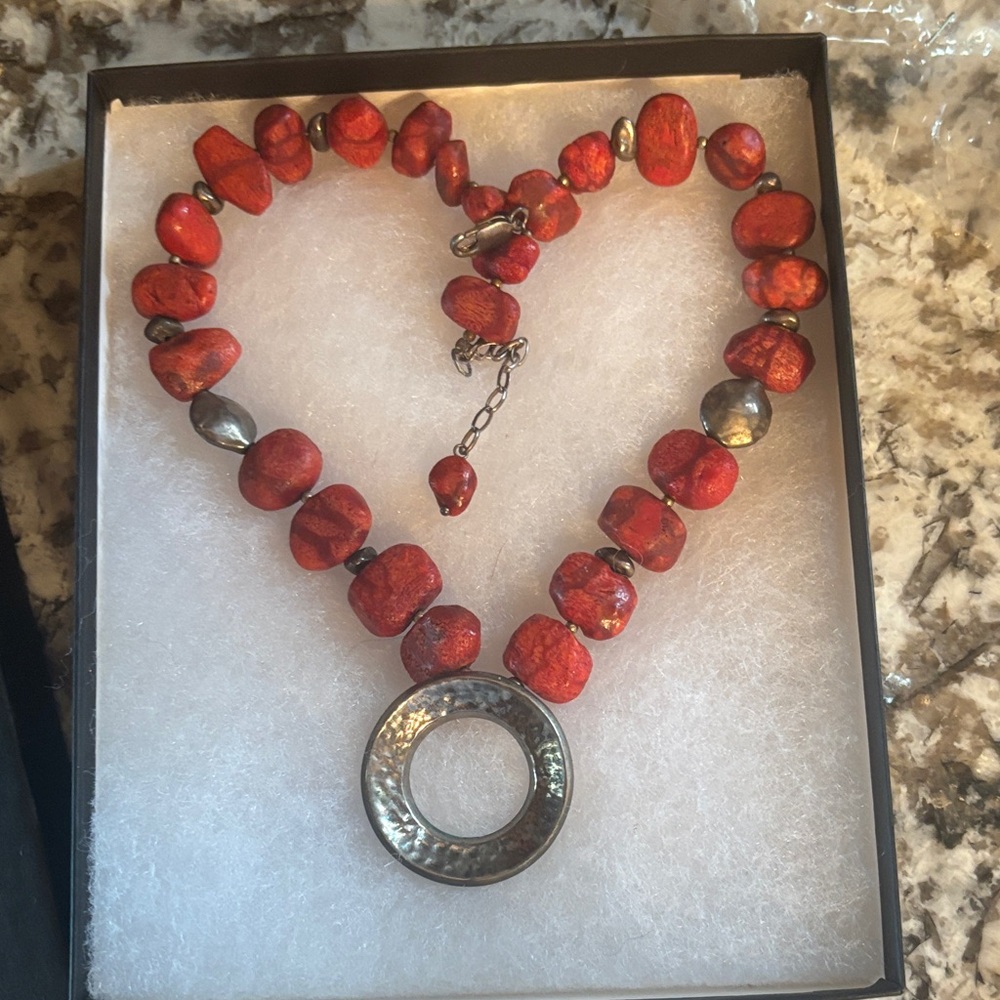 Silpada coral  Stone Beaded Necklace with Hammered Metal Pendant